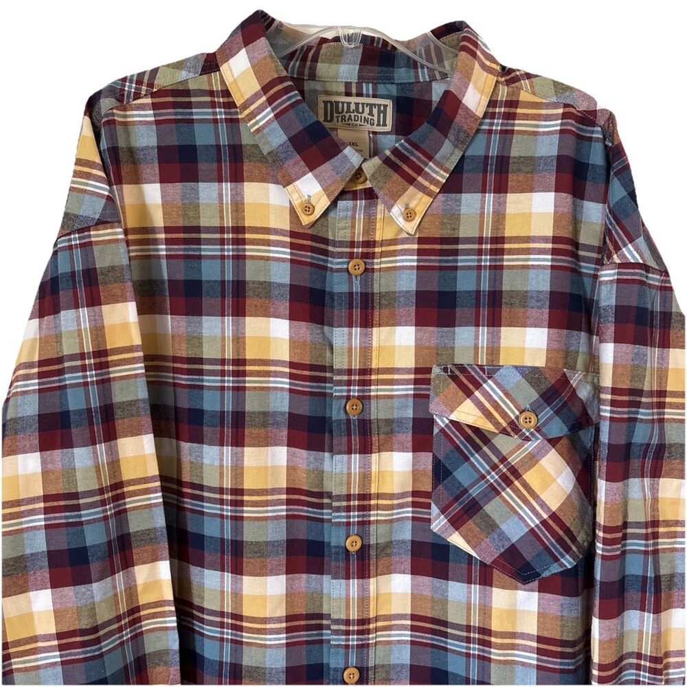 Duluth Trading Men's Shirt Yellow Blue Red 3XL Plaid Button Down Long Sleeve NWT